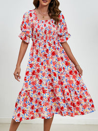 Smocked Floral Square Neck Short Sleeve Dress Trandify deal