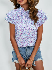 Ditsy Floral Mock Neck Flounce Sleeve Blouse Trandify deal