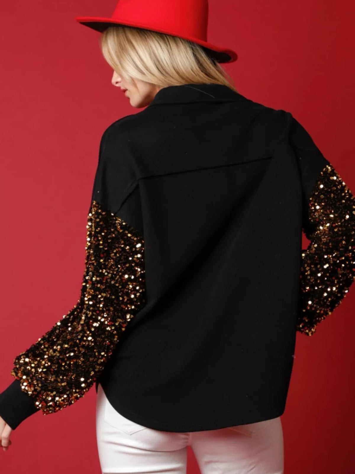 Women's Santa Christmas Sequin Shirt - Front view showing red sequin Santa design on a black long-sleeve top for holiday parties