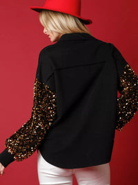 Women's Santa Christmas Sequin Shirt - Front view showing red sequin Santa design on a black long-sleeve top for holiday parties