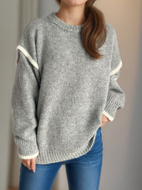 Contrast Trim Round Neck Dropped Shoulder Sweater Trandify Deal