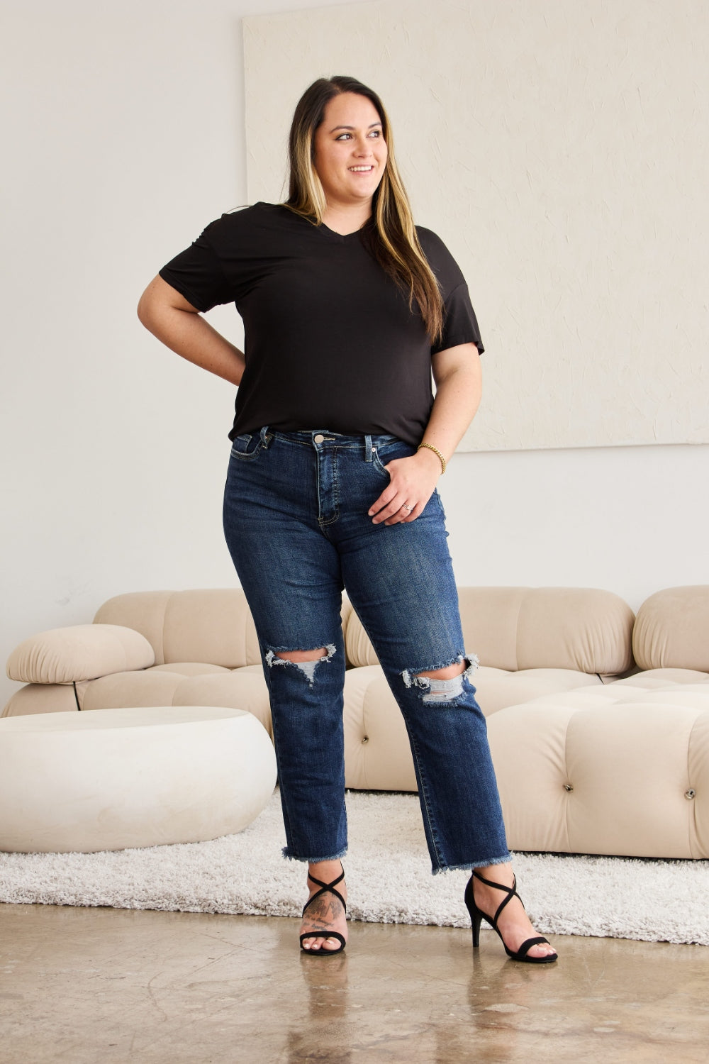 RFM Full Size Tummy Control Distressed High Waist Raw Hem Jeans Trandify deal