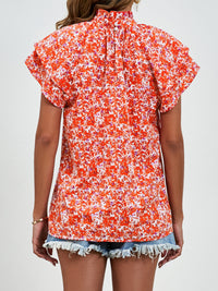 Ditsy Floral Mock Neck Flounce Sleeve Blouse Trandify deal