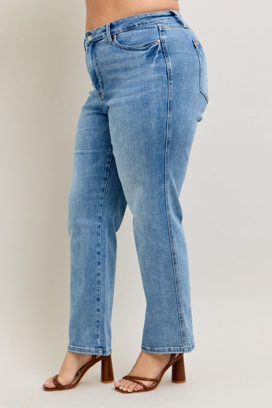 Plus Size Tummy Control Jeans: Vintage Wash Straight Leg