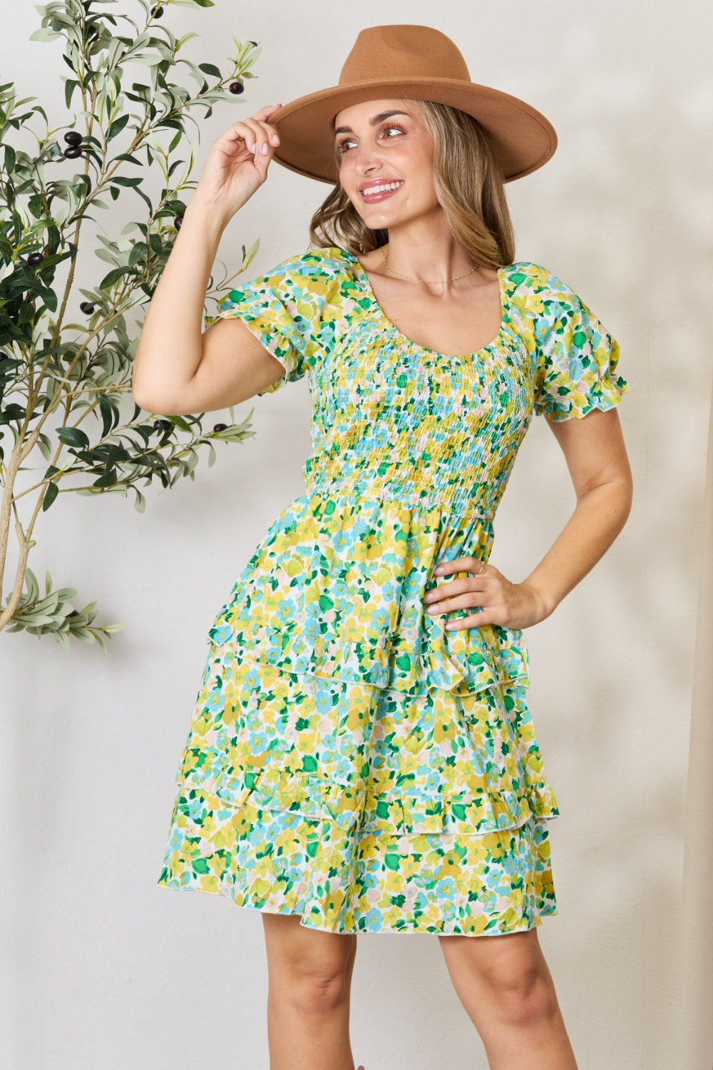 Smocked Scoop Neck Flounce Sleeve Mini Dress Trandify Deal