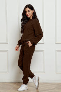 Corduroy Round Neck Sweatshirt and Sweatpants Set Trandify Deal