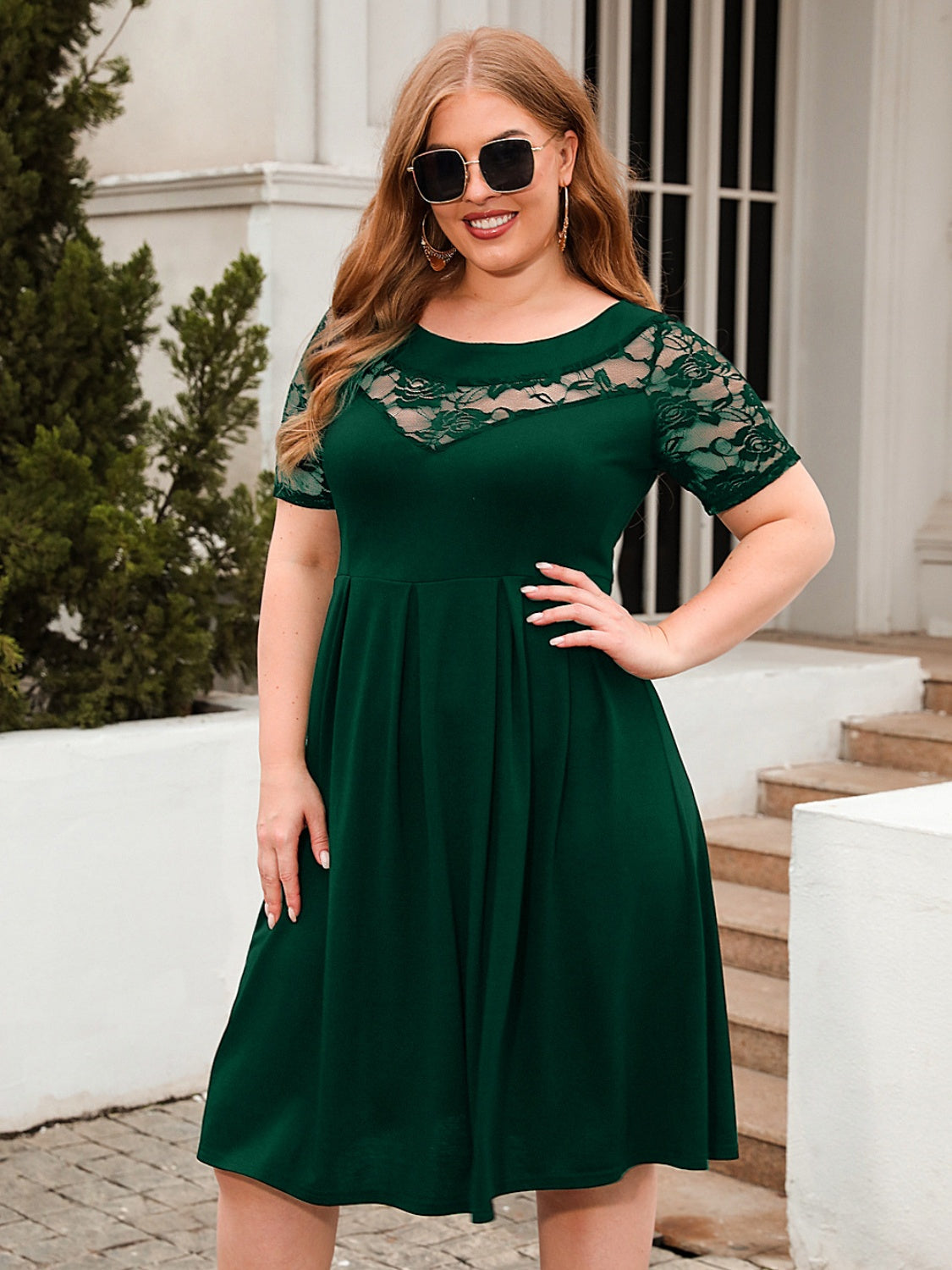 Plus Size Ruched Round Neck Short Sleeve Dress Trandify deal