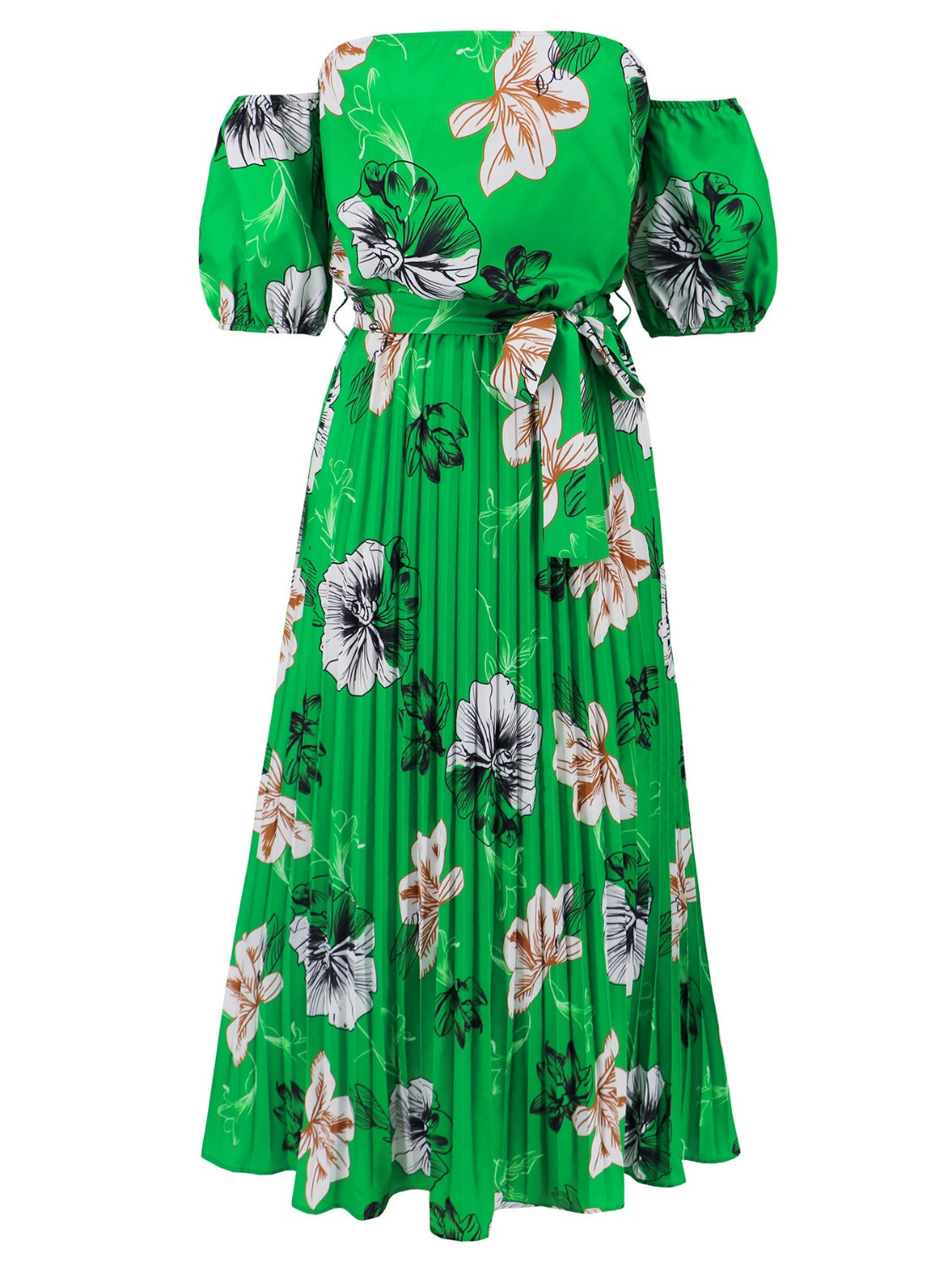 Pleated Floral Off-Shoulder Short Sleeve Midi Dress Trandify deal