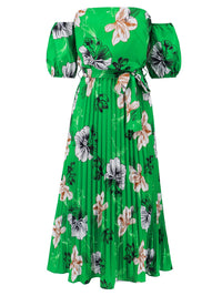 Pleated Floral Off-Shoulder Short Sleeve Midi Dress Trandify deal