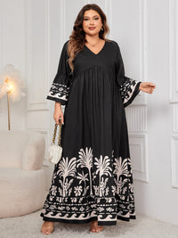 Plus Size Printed V-Neck Long Sleeve Maxi Dress Trandify Deal