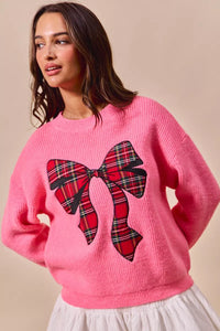 Women's Plaid Ribbon Christmas Sweater - Ugly Holiday