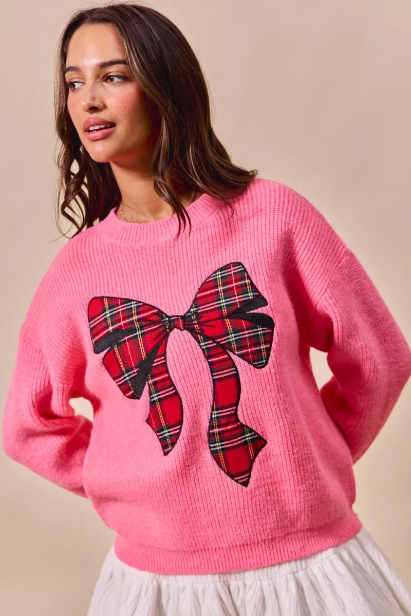 Women's Plaid Ribbon Christmas Sweater - Ugly Holiday