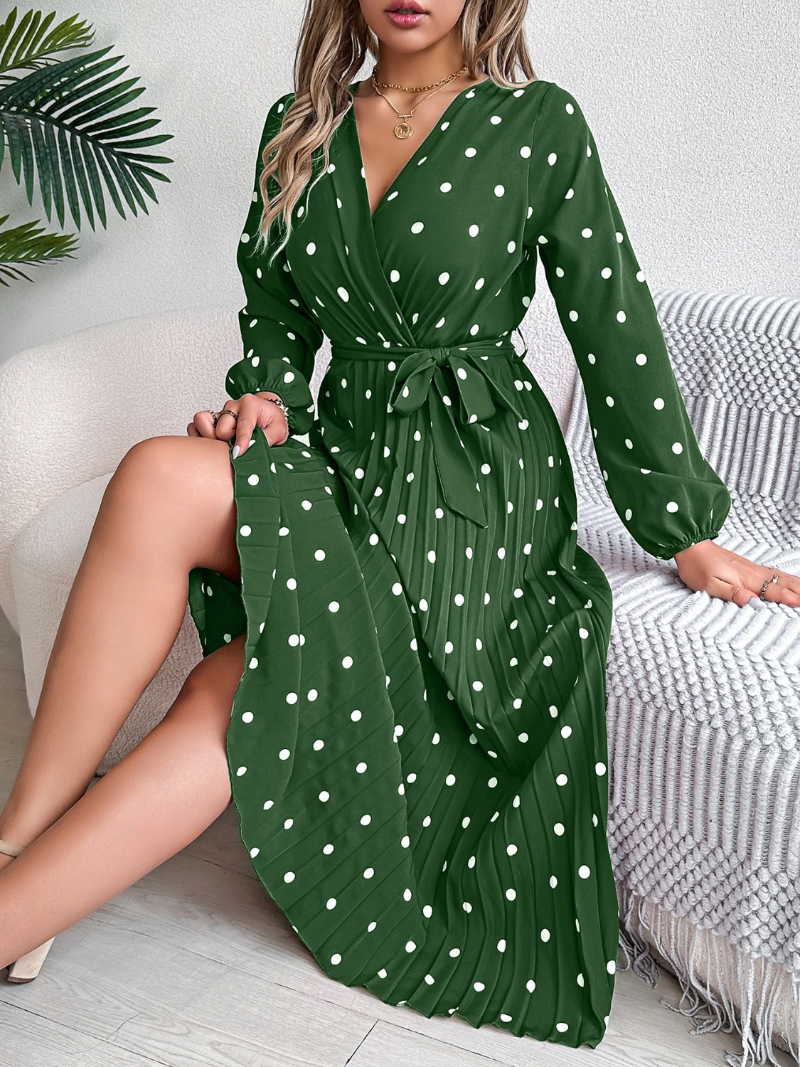 Tied Polka Dot Long Sleeve Midi Dress Trandify deal