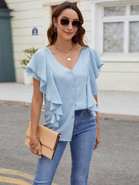 Ruffled V-Neck Short Sleeve Top Trandify deal