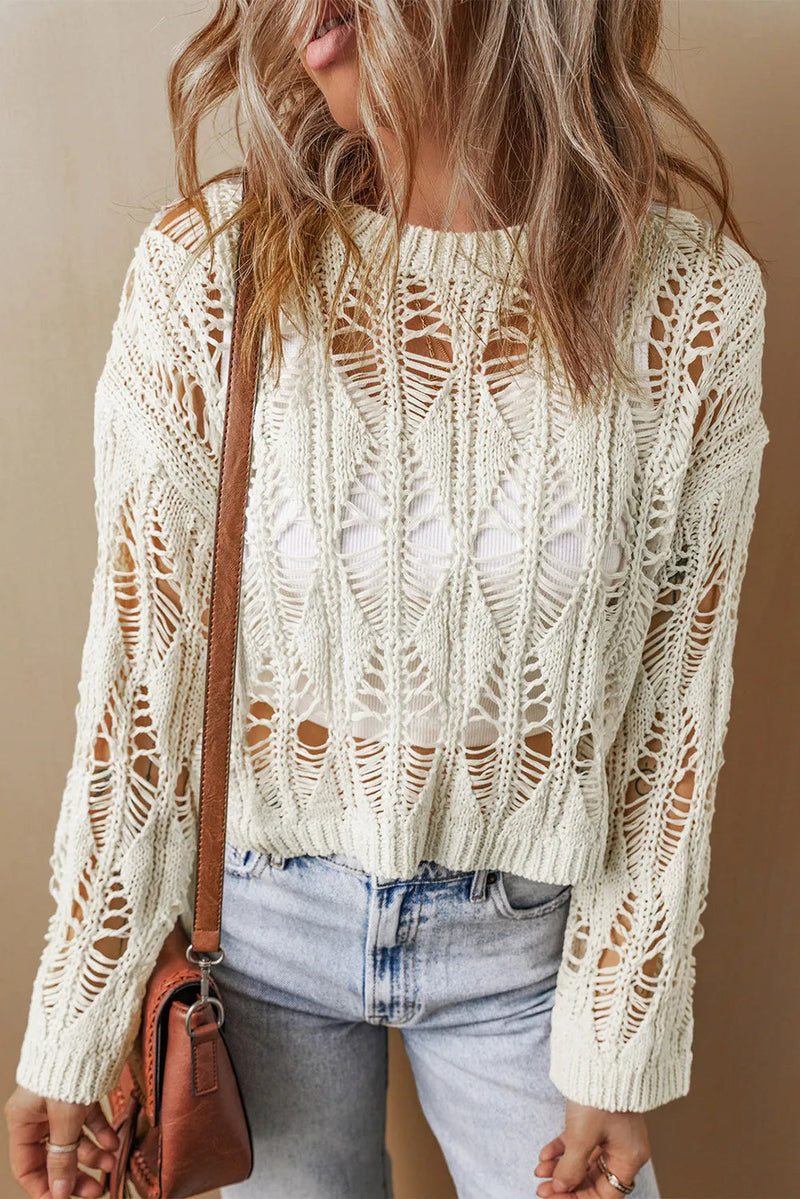 Cutout Round Neck Long Sleeve Knit Cover Up Trandify Deal