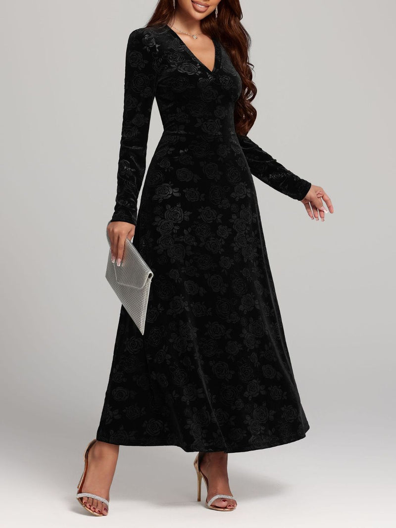 Rose Print V-Neck Long Sleeve Dress Trandify Deal