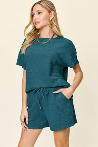 Double Take Full Size Texture Short Sleeve T-Shirt and Drawstring Shorts Set - Trandify Deal