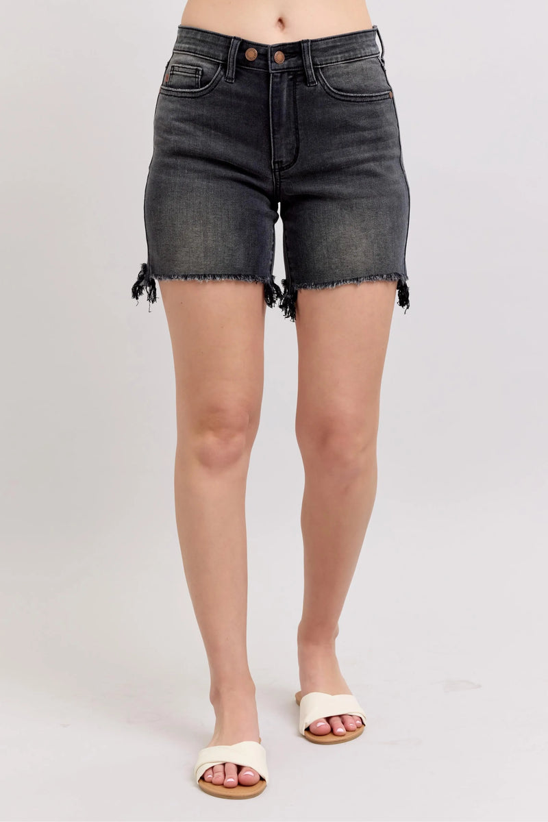 Judy Blue Denim Shorts in blue wash showing the 2-button dad cut off style