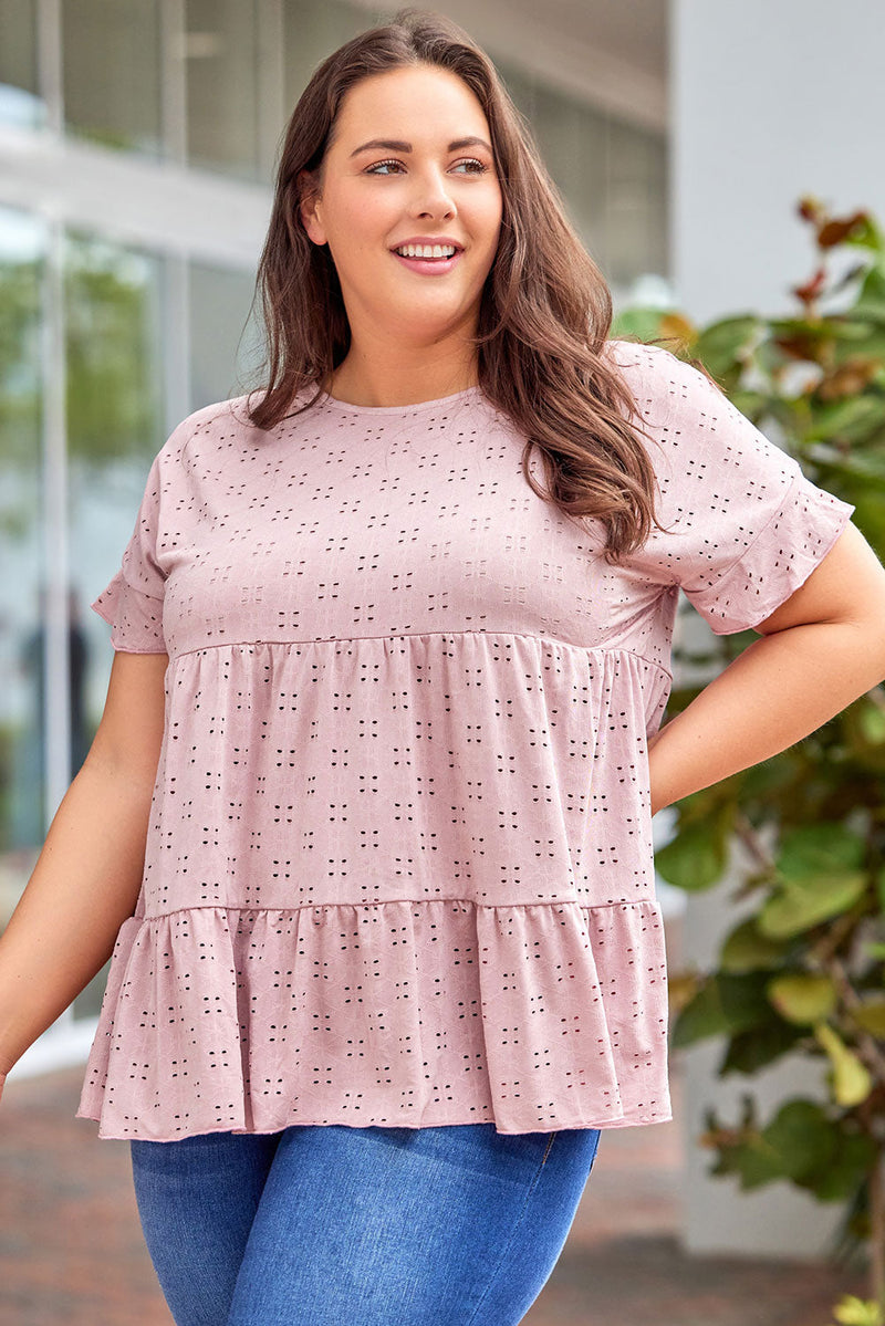 Plus Size Eyelet Round Neck Short Sleeve Blouse Trandify deal