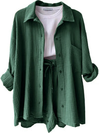 Trendy linen-blend two-piece set for women, stylish matching shirt and shorts