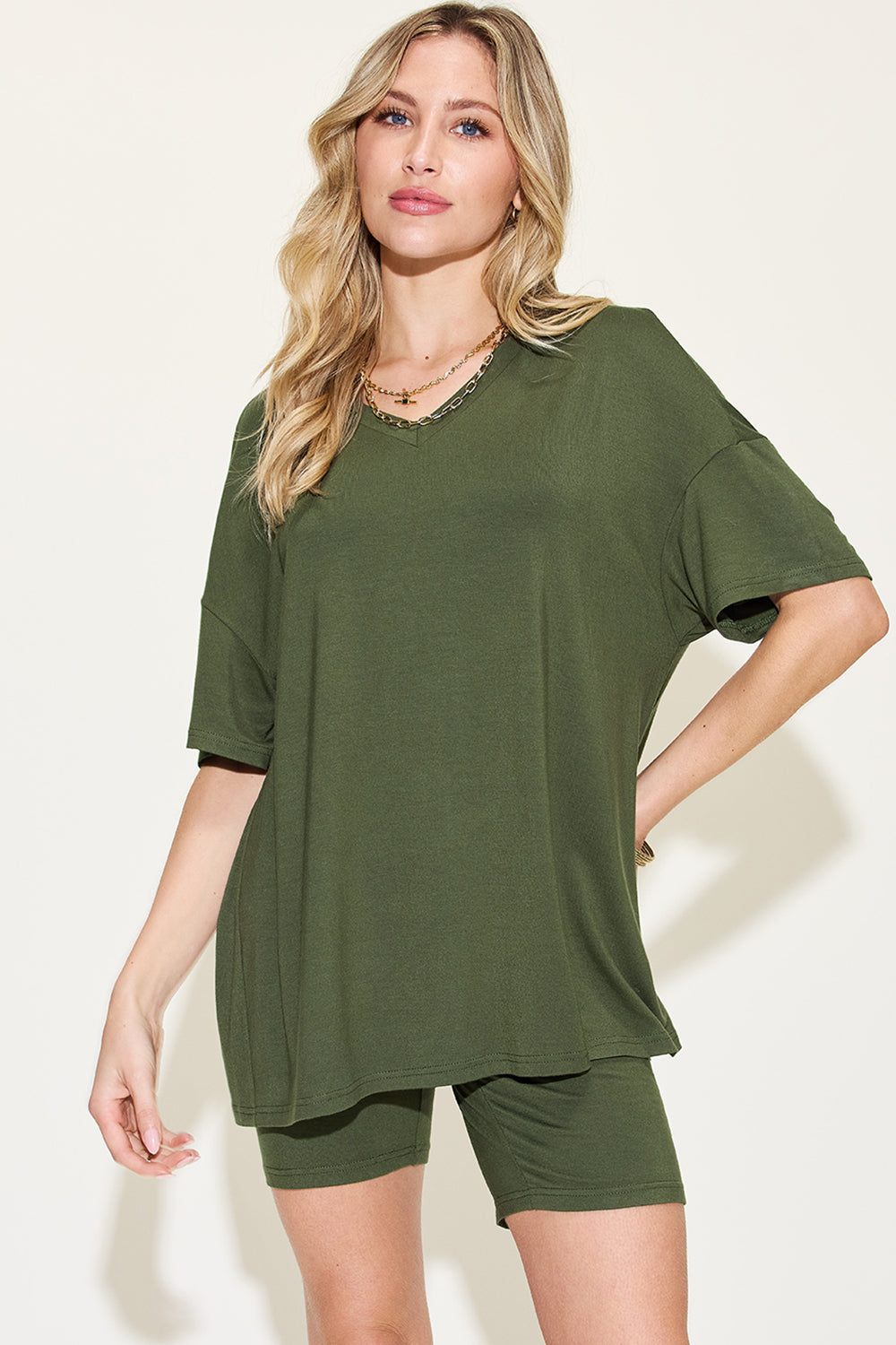 Basic Bae Full Size V-Neck Drop Shoulder T-Shirt and Shorts Set Trandify Deal