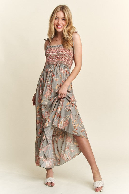 ADORA Smocked Printed Square Neck Tie Shoulder Cami Dress Trandify Deal