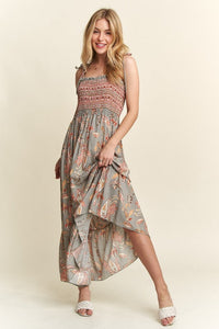 ADORA Smocked Printed Square Neck Tie Shoulder Cami Dress Trandify Deal