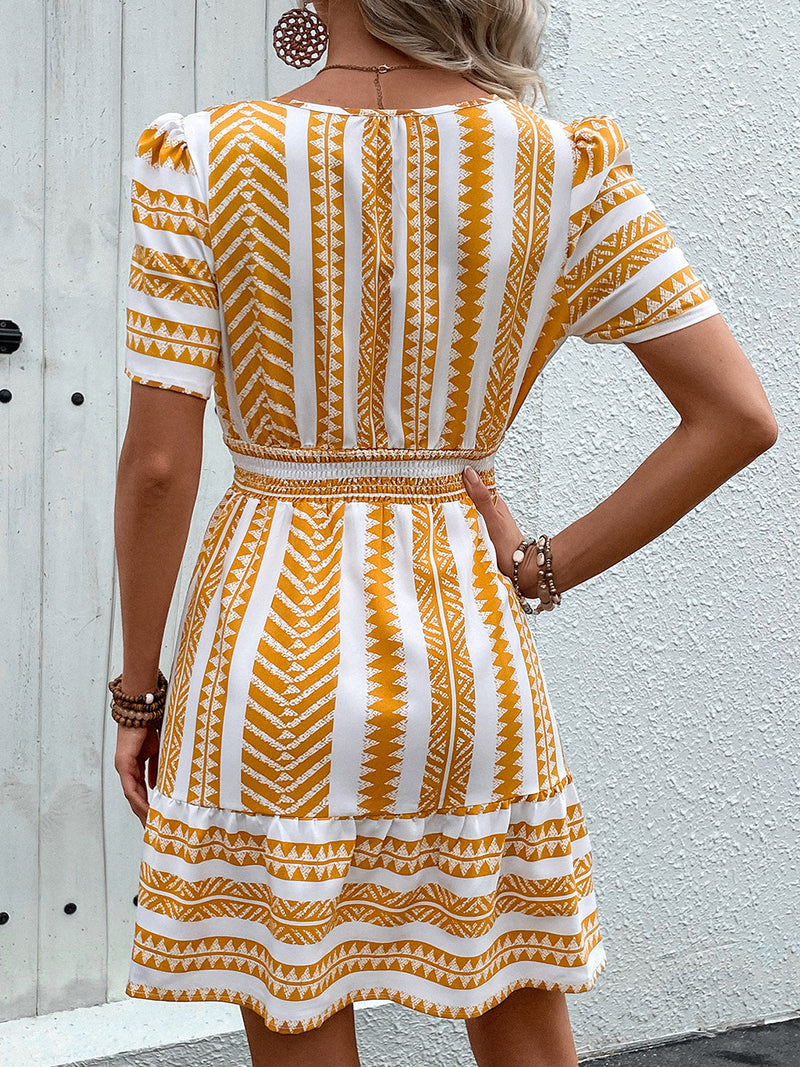 Perfee Geometric Notched Short Sleeve Mini Dress Trandify deal