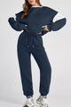 Women's Oversized Loungewear Set in Navy, featuring a drop-shoulder sweatshirt and matching joggers on a model.
