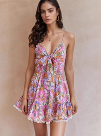 Floral Print Tie-Front Cami Dress with Lace Trim – Women’s Boho Summer Mini Dress