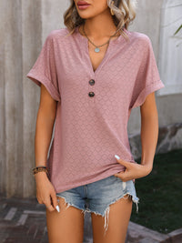 Mandy Eyelet Notched Short Sleeve T-Shirt Trandify deal