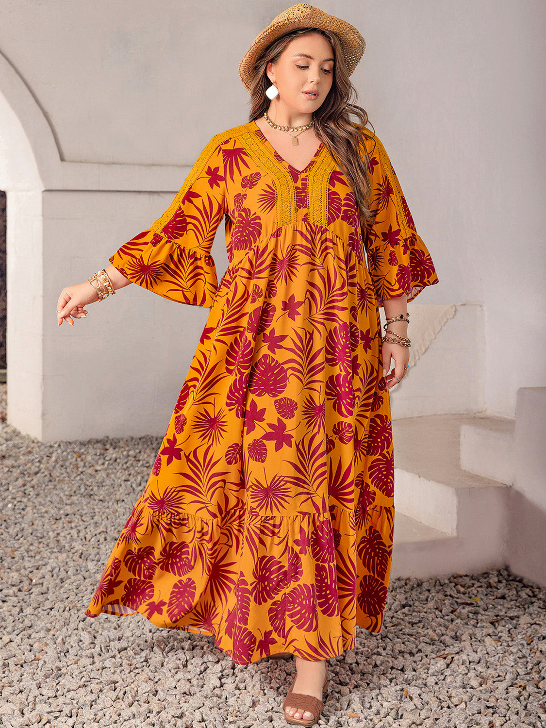 Plus Size Lace Detail Printed V-Neck Maxi Dress Trandify Deal