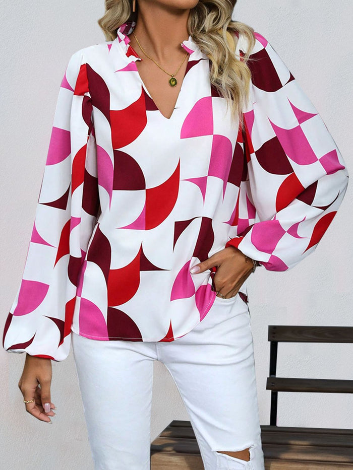 Perfee Frill Notched Long Sleeve Blouse Trandify Deal