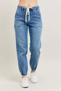 Judy Blue High Waist Denim Jogger in blue wash on model