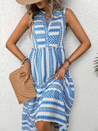 Perfee Frill Printed Notched Sleeveless Dress Trandify deal