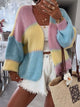 Color Block Open Front Cardigan - Basic Long Sleeve Polyester Top