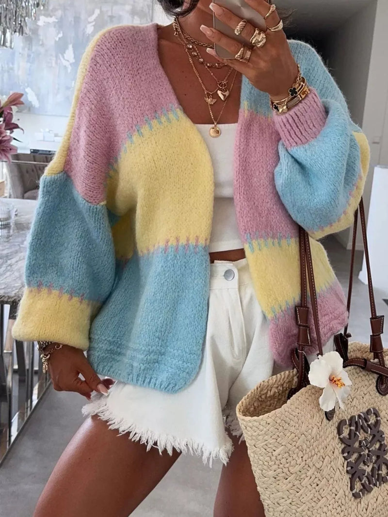 Color Block Open Front Cardigan - Basic Long Sleeve Polyester Top