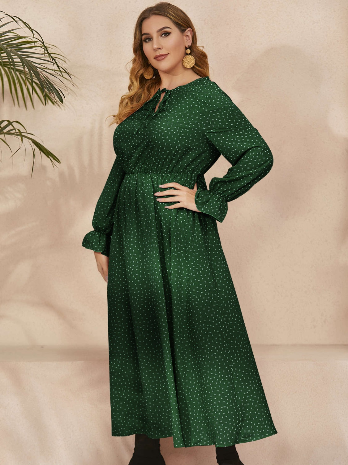 Plus Size Ruffled Polka Dot Long Sleeve Midi Dress Trandify Deal