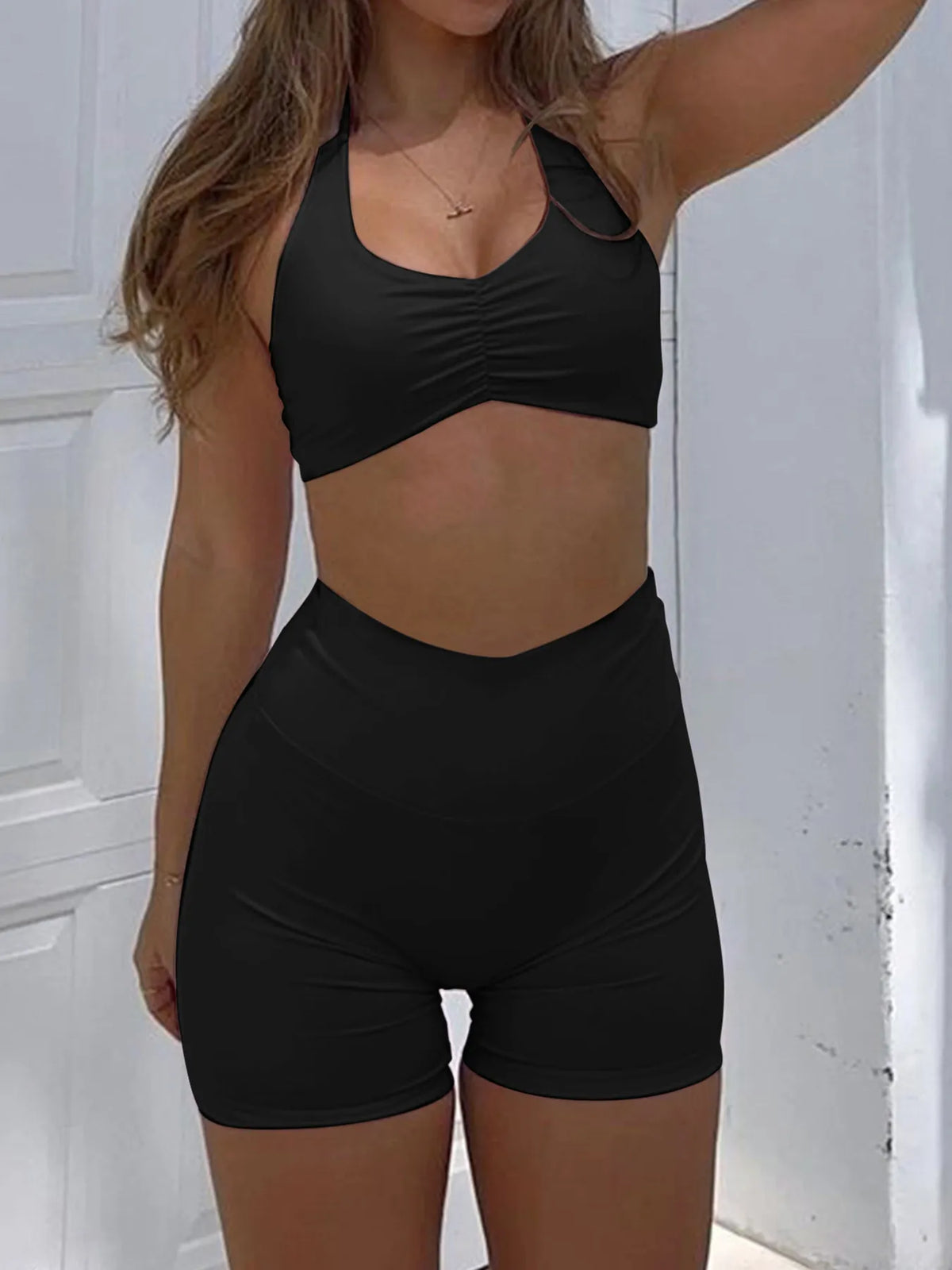 Breathable workout clothes for women – adjustable halter neck cami and shorts set