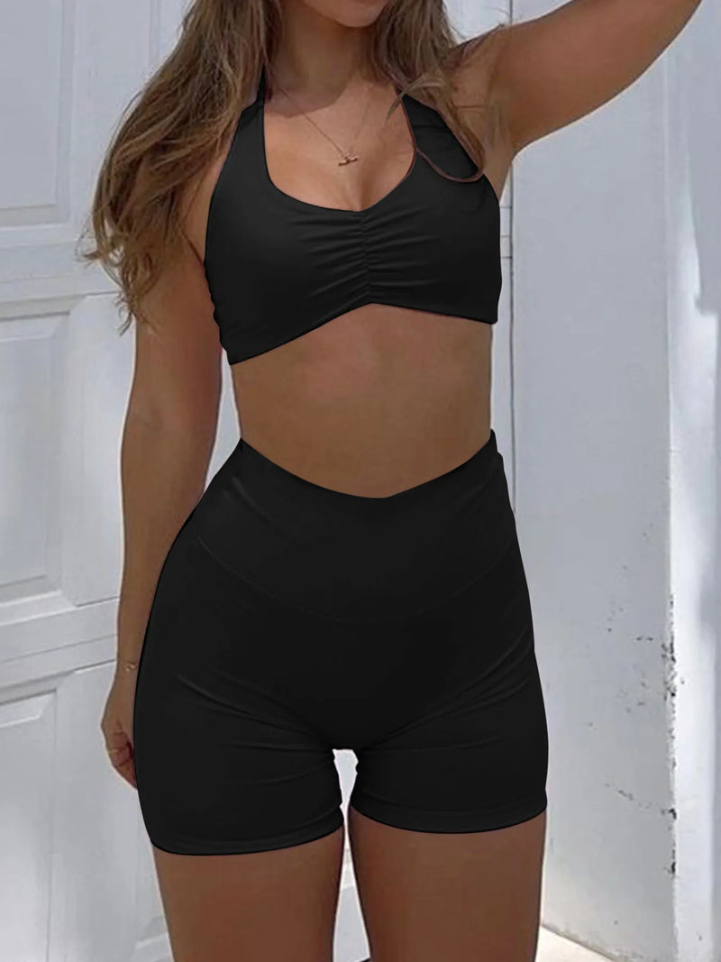 Breathable workout clothes for women – adjustable halter neck cami and shorts set
