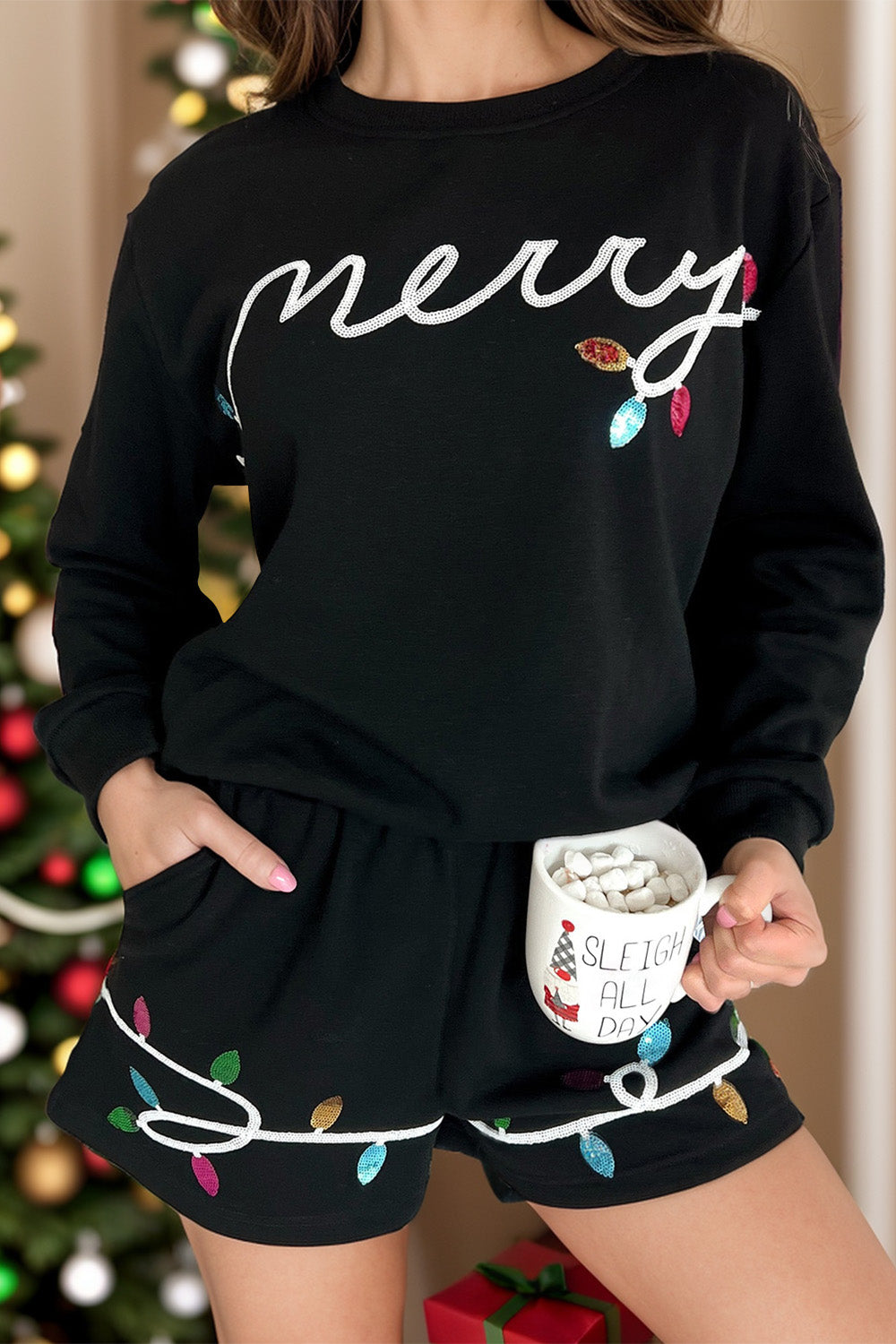 MERRY Sequin Round Neck Long Sleeve Top and Shorts Set Trandify Deal