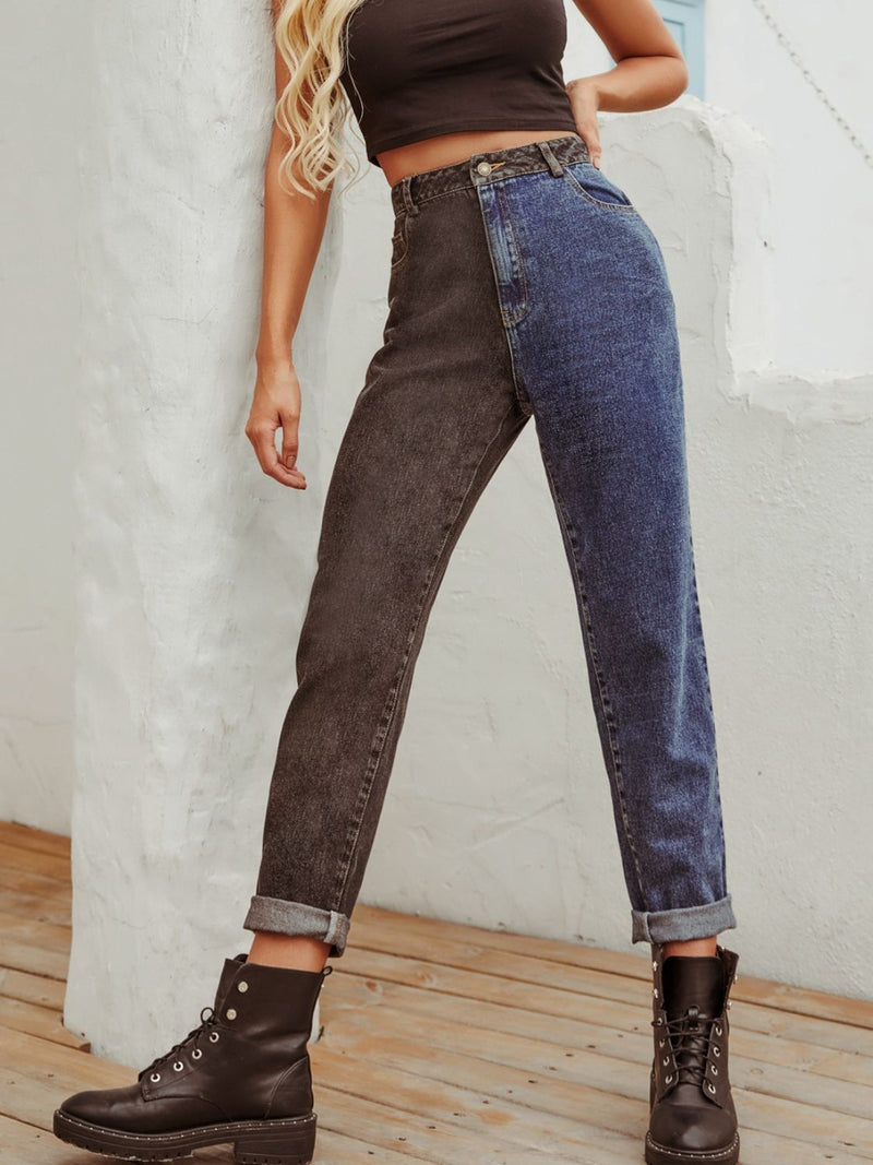 Comfortable Mid-Rise Two-Tone Jeans for Women