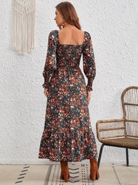 Smocked Floral Square Neck Long Sleeve Dress Trandify Deal