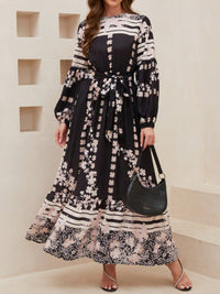 Printed Round Neck Long Sleeve Maxi Dress with Pockets Trandify Deal