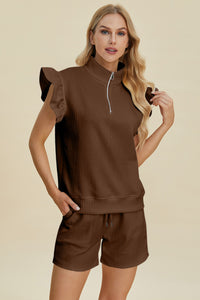 Double Take Texture Flounce Sleeve Top and Shorts Set - Trandify Deal