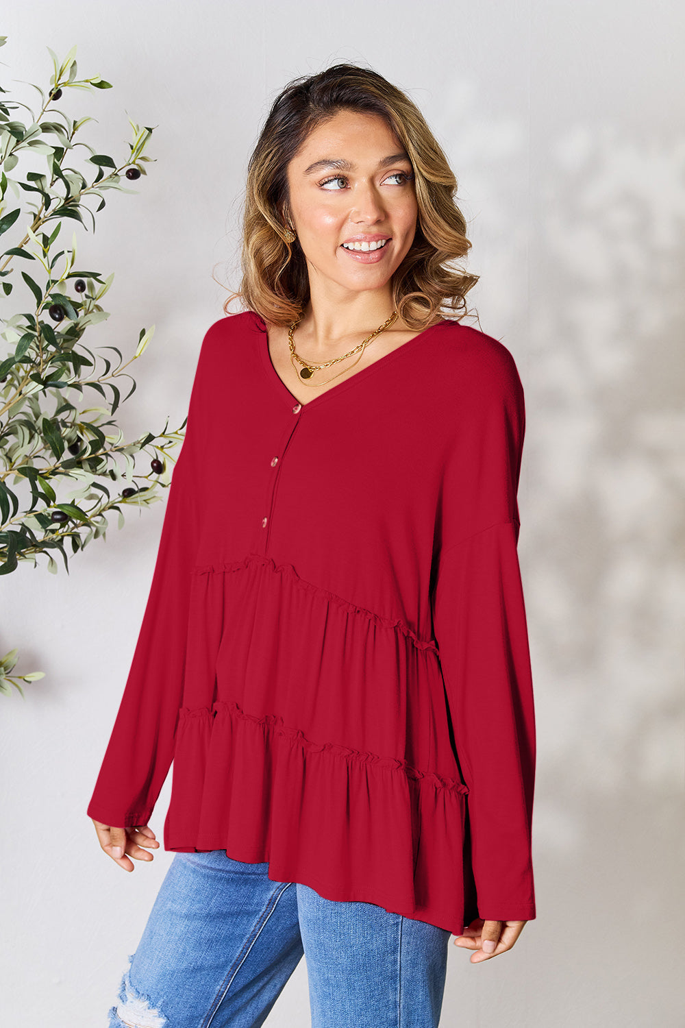 Double Take Half Button Long Sleeve Ruffle Hem Blouse Trandify Deal