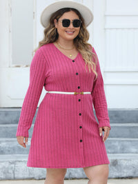 Plus Size Ribbed Buttoned V-Neck Long Sleeve Dress Trandify deal