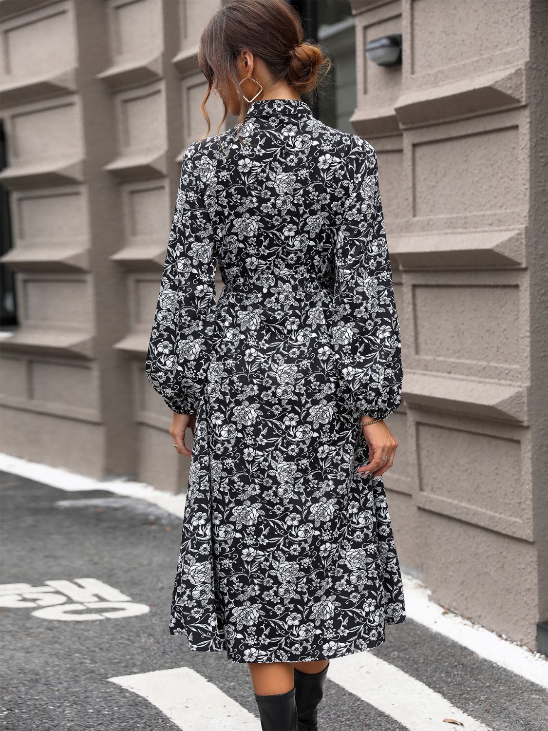Perfee Lace Detail Printed Long Sleeve Midi Dress Trandify Deal