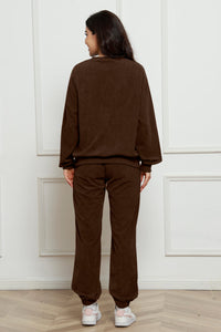 Corduroy Round Neck Sweatshirt and Sweatpants Set Trandify Deal