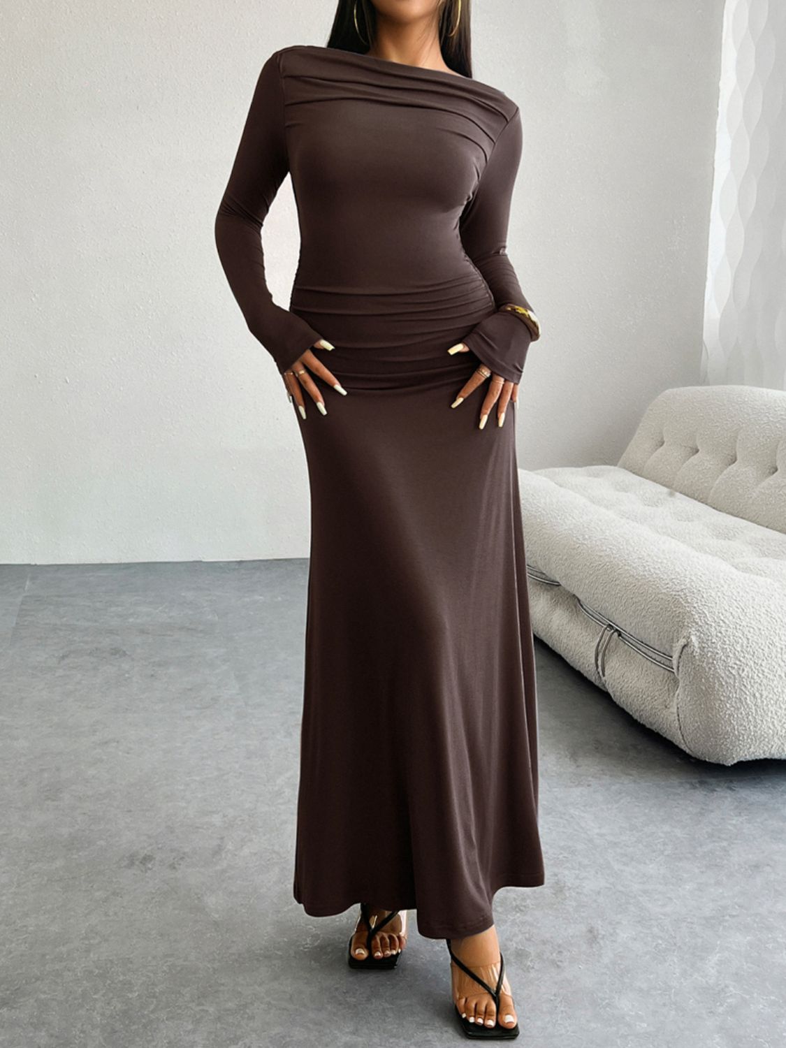 Devine Ruched Long Sleeve Maxi Dress Trandify Deal